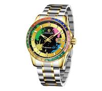 GLENAW Automatic watches for Men- Men's Mechanical Watch, 43mm Large Face Rainbow Diamond Bezel Ink Splatter Dial, Stainless Steel Butterfly Buckle Watch with Date Display, Business Casual Self
