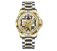 GLENAW Automatic Watches for Men-Rhinestone Ring Open Dial, Skeleton Mechanical Self Wind Watch, Men's Waterproof Watch Stainless Steel Strap, 8956-Golden Blue