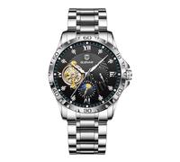 GLENAW Automatic Watches for Men, Rhinestones Markers Waterproof Watches for Men Stainless Steel Strap Skeleton Self-Winding Mechanical Watch Diamond Dial Wrist Watch Party, Silver Green, Modern