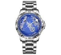 GLENAW Automatic Watches for Men- Rotating Earth Dial, Men's Mechanical Watch Luminous Hands, 3ATM Waterproof Steel Strap Wrist Watches, 8683-Silver Blue