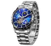 GLENAW Automatic Watches for Men, Rotating Earth Multifunctional Men's Mechanical Watch Starry Sky Dial Steel Band Stopwatch Sun Moon Stars Automatic Men's Watch, 8950-Silver Blue, Modern