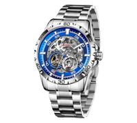 GLENAW Automatic Watches for Men - Self-Winding Mechanical Movement, Skeleton Open Dial, 30 ATM Waterproof, with Stainless Steel Band, Wrist Watch, Without Battery, 8687-Silver Blue, Casual, Business
