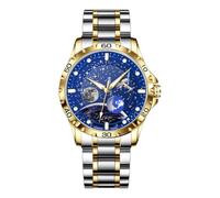 GLENAW Mechanical Automatic Watches for Men-Blue Rotating Little Earth, Luminous Dial with Starry Sky Moon Phase, 3ATM Waterproof Steel Strap Wrist Watches, 8995-Gold Blue