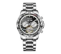 GLENAW Mens Automatic Mechanical Watches Skeleton Tourbillon Day Date Luxury Self Winding Dress Wrist Watches Luminous, 8998-Silver Black