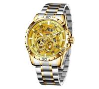 GLENAW Men's Automatic Skeleton Mechanical Watch - Pre-Calibrated Movement | Stainless Steel Exposed Design for Business & Casual, 8687-Golden Gold, Business, casual, daily