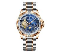 GLENAW Men's Automatic Watch, Men's Starry Sky Watch Stainless Steel Strap Skeleton Self-Winding Mechanical Watch Sun, Moon and Stars Watch, Ideal Choice for Gifts, Blue