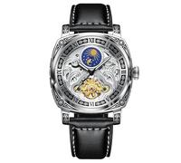 GLENAW Square Retro Mechanical Watch Self Winding Watches for Men Automatic Mens Watches Tourillon Stainless Steel Dual Calendar Leather Wrist Watch, Silver, Stainless Steel, Professional, Waterproof,