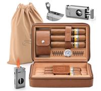 GLENCREAG Portable Travel Cigar Humidor Case, Leather Cedar Wood Lined Cigar Case with V Cutter & Torch Lighter, Built-in Hygrometer & Humidifier, Velvet Storage Bag, Upgraded Tight-Seal Edge