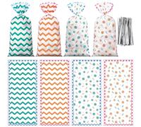 Glenmal 100 Pcs Italian Summer Party Gift Bags with Ties Orange Green Wavy Floral Stripe Candy Snack Bags for Bachelorette Party Decor Last Toast Coast Birthday Supplies Baby Shower, 10.8 x 5 Inch