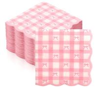 Glenmal 100 Pcs Pink Bow Scalloped Napkins Bulk Pink Coquette Gingham Paper Napkins Disposable Plaid Decorative Cocktail Napkin for Spring Wedding Birthday Baby Shower Party Supplies