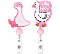 Glenmal 2 Pack Funny Silly Goose Badge Reel Retractable Pink Silly Goose ID Card Holder with Alligator Clip, Cute Animal Design for Nurses, Teachers, Students, Women, Men, Christmas Gifts