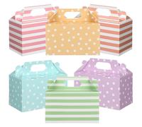 Glenmal 24 Pcs Easter Treat Boxes Paper Easter Gift Paperboard Box Party Favor Small Treat Spots Stripes Boxes with Handle for Holiday Party Cookie Goodie Snack Gift Packaging 6 x 4 x 3 Inch