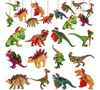 Glenmal 24 Pieces Christmas Dinosaur Penguin Farm Ornaments Set Hanging Animal Ornament with Rope Wood Tree Decor Christmas Tree Themed Birthday Party Favors(Dinosaur)