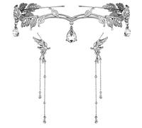 Glenmal 3 Pcs Fairy Rhinestone Leaf Headband Elf Butterfly Ear Cuffs Set for Brides Wedding Crown Women Cosplay(Silver,L)