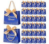 Glenmal 30 Pcs 5.51x2.36x4.72'' Ramadan Gift Bags Ramadan Mubarak Blue Paper Party Bags Eid Mubarak Treat Goodie Bag with Handle and Ribbon for Ramadans Kareem Eid Mubarak's Party Supplies