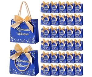 Glenmal 30 Pcs 5.51x2.36x4.72'' Ramadan Gift Bags Ramadan Mubarak Blue Paper Party Bags Eid Mubarak Treat Goodie Bag with Handle and Ribbon for Ramadans Kareem Eid Mubarak's Party Supplies