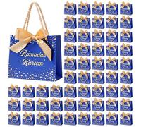 Glenmal 60 Pcs 5.51x2.36x4.72'' Ramadan Gift Bags Ramadan Mubarak Blue Paper Party Bags Eid Mubarak Treat Goodie Bag with Handle and Ribbon for Ramadans Kareem Eid Mubarak's Party Supplies