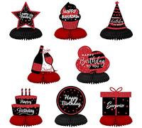 Glenmal 9 Pcs Red and Black Happy Birthday Decorations Table Honeycomb Centerpieces Red and Black Party Table Decorations Sign for Women Men 30th 40th 50th 60th