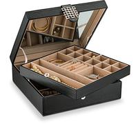 Glenor Co 28 Section Jewelry Box - 2 Layer - Buckle Snap & Magnet Closure - Large Mirror - Leather Design - Black - Jewelry Organizer for Women & Girls - Holder for Earring Ring Necklace & Bracelet