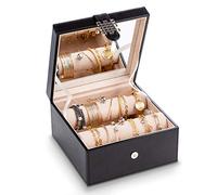 Glenor Co Bracelet Jewelry Box with 2 Removable Rolls - Holder stores Bracelets, Bangles & Watches - Organizer w Metal Closure - Large Mirror - PU Leather - Display on Stand or Dresser - Black