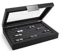 Glenor Co Cufflink Box for Men - Holds 70 Cufflinks - Luxury Display Jewelry Case -Carbon Fiber Design - Metal Buckle Holder, Large Glass Top - Black