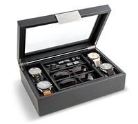 Glenor Co Valet Jewelry Box for Men - Holds 4 Watches, 12 cufflinks, 2 Sunglasses & Tray Storage - Mens Watch Case - CarbonFiber Organizer w Metal Accents, PU Leather & Large Glass Lid - Black