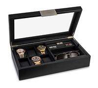 Glenor Co Valet Jewelry Box for Men - Holds 6 Watches, 12 cufflinks, 2 Sunglasses & Tray Storage - Mens Watch Case - CarbonFiber Organizer w Metal Accents, PU Leather & Large Glass Lid - Black
