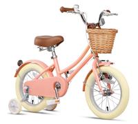 Glerc 14 Inch Kids Girls Bike for 3 4 5 Years Old Little Girls Retro Vintage Style Bicycles with Basket,Stabilisers and Bell,Peach
