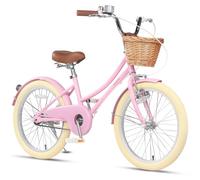 Glerc 20 Inch Kids Girls Bike for 6 7 8 9 10 Years Old Little Girls Retro Vintage Style Bicycles with Basket,Stabilisers and Bell,Color Pink