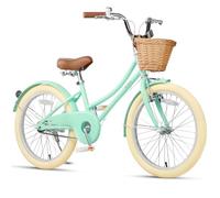 Glerc 20 Inch Kids Girls Bike for 6 7 8 9 10 Years Old Little Girls Retro Vintage Style Bicycles with Basket,Stabilisers and Bell,Color Mint Green