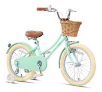 Glerc Little Molly 18 Inch Kids Girls Bike for 5 6 7 8 9 Years Old Little Girls Retro Vintage Style Bicycles with Wicker Basket, Stabilisers and Bell for Birthday Gift, Mint Green