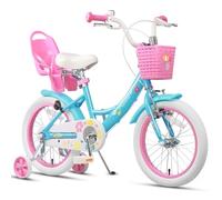 Glerc Maggie 16 Inch Kids Bike for 4 5 6 7 Years Old Little Girls Toddler Bicycles with ith Doll-Seat & Basket & Stabilisers for Gift, Blue