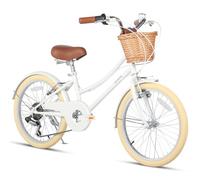 Glerc Missy 20" inch Girl Cruiser Kids Bike 6-Speed Teen Hybrid City Bicycle for Youth Ages 6 7 8 9 10 11 12 Years Old with Wicker Basket & Lightweight, White
