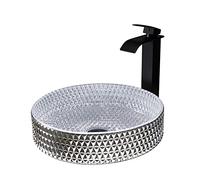 GLETSF Bathroom Vessel Sink Crystal Glass Vessel Sink Combo Round Vessel Sink Counter Top Installation Bathroom Vanity Sinks With Matte Black Waterfall Faucet Set, Brass Pop Up