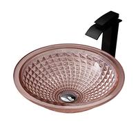 GLETSF Bathroom Vessel Sink Round Crystal Glass Vessel Sink Combo Counter Top Installation Bathroom Vessel Vanity Sink Art Basin With Black Waterfall Faucet Set Brass Pop Up Dra-Light Pink