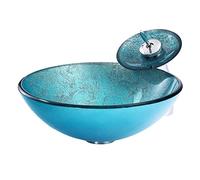 GLETSF Bathroom Vessel Sink,Tempered Glass Basin Bowl Vessel Sinks, Sky Blue Round Shape Artistic Wash Sink With Waterfall Faucet And Pop-Up Drain