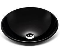 GLETSF Ceramic Bathroom Sink Bathroom Tempered Glass Vessel Sink Cloakroom Countertop Round Washbasin Black Glass Art Bowl Basin Sink With Waterfall Faucet Mounting.Black-Basins-Black-BasinSink