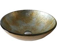 GLETSF Ceramic Bathroom Sink Tempered Glass Countertop Vessel Sink Round Bathroom Basin Sink Sculpture Craft With Waterfall Faucet Mounting Ring And Water Drain Set-Goldsilver