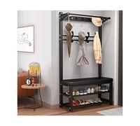 GLETSF Coat Rack With Shoe Ben Entryway 4-In-1 Design Hall Tree With 2-Tier Storage Shelves Industrial Coat Shoe Racks With Hooks Hallway Living Room-Pu Black-80x33x172cm