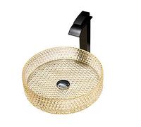 GLETSF Countertop Basin Sink, Tempered Glass Bathroom Vessel Sink With Waterfall Faucet Round Bowl Vanity Sinks With Chrome Pop Up Drain-E