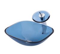 GLETSF Countertop Sink Bowl Tempered Glass Vanity Sink Bowl On The Top Blue Art Vessel Bowl Sink With Waterfall Faucet, Drain Combo And Mounting Ring-Square