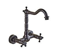 GLETSF Double Handle Wall Mount FaucetRetro Style 2Hole Kitchen & Bathroom Sink TapAntique Design Monobloc Water Tap for Home & Commercial Use,Negro Antiguo-Alto