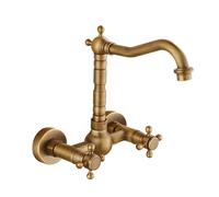 GLETSF Double Handle Wall Mount FaucetRetro Style 2Hole Kitchen & Bathroom Sink TapAntique Design Monobloc Water Tap for Home & Commercial Use,Antigüedad-Alto