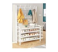 GLETSF Entryway Coat Rack With Shoe Shelf Shoe Rack Storage Organizer Hall Tree With 4-Tier Storage Rack 8 Double Hooks Easy To Assemble Industrial Style-White-80x26x153cm