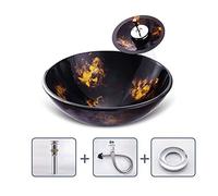 GLETSF Slivy Hand Painted Above Counter Vessel Vanity Sink Tempered Glass Creative Bathroom Lavatory Round Bowl Artistic Wash Basin Combo With Waterfall Faucet, Pop-Up Drain Set