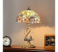 GLETSF Style Stained Shell Table Lamp, All Copper Lamp Body,Vintage Handmade Decorative Desk Lamp Pull Cord Switch Reading Lamp For Living Room, Bedroom, Wedding Room, Villa