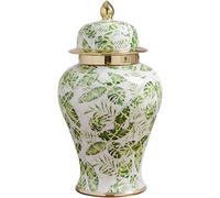 GLETSF Vase Tabletop Ceramic Handmade Vase Ginger Jars For Decoration, White Green Leaf Pattern China Style Temple Jar Traditional Flower Vases For Living Room Resta,One Color-L