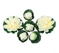 Glewi Artificial Floating Water Lilies, 6pcs Plastic Lotus Flowers with Leaves for Pond Garden Pool Decor White 2 Large 18cm 4 Small 10cm
