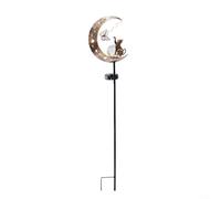 Glewi Auto On Off Solar Powered Garden Light Featuring Cat Silhouette and for Crescent Moon, Iron Outdoor Stake Lamp for Pathway Patio