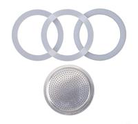 Glewi Moka Pot Filter and Gasket Seal Set,3 Silicone Seals + 1 Stainless Steel Filter for 3/6/9 Cup Stovetop Espresso Maker Food-Grade Replacement (3 Cup)